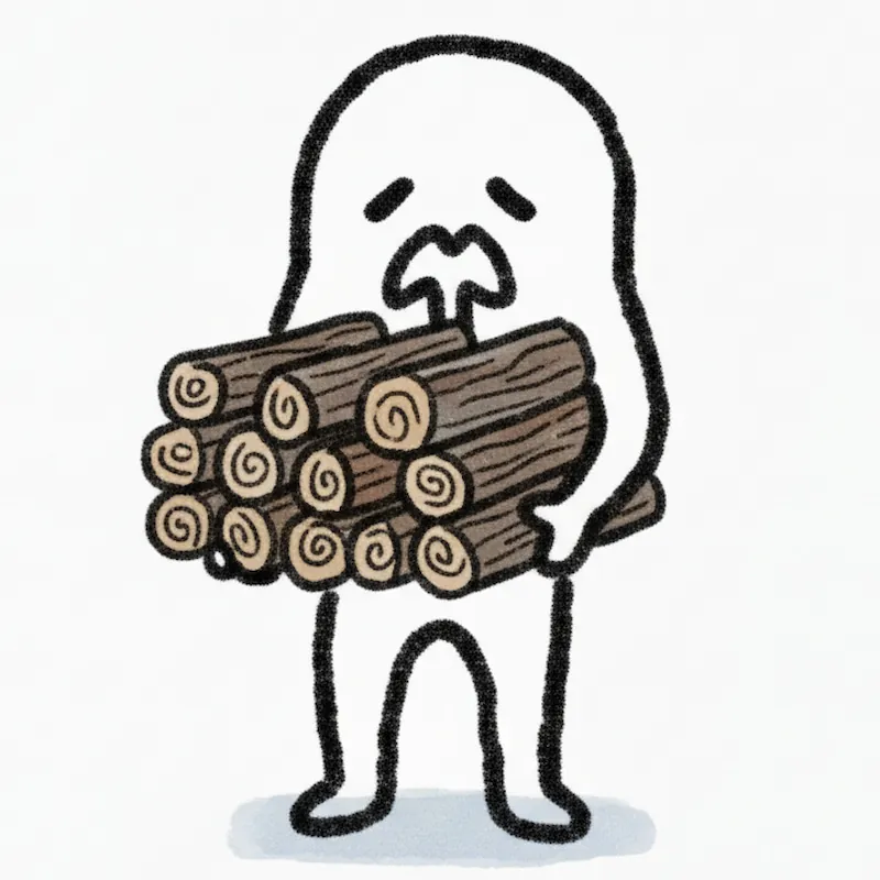 重たい薪をめんどくさそうに持つ様子 - でも薪はめんどくさかっちゃんなら超カンタン！超楽！超便利！佐世保市の革新的セルフ薪販売所